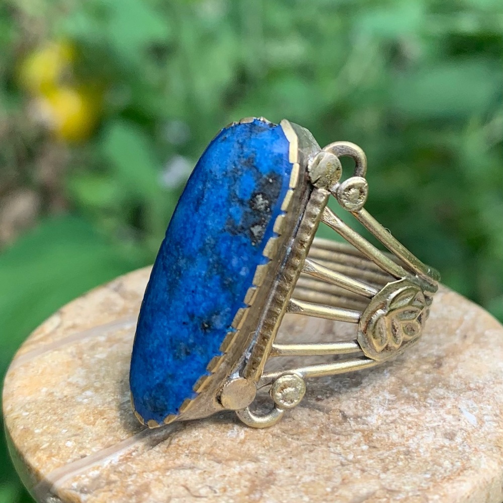 Vintage Afgan Lapis Lazuli Large Ring Sz 7 Tribal Native Elongated Cabochon Blue - Picture 4 of 16